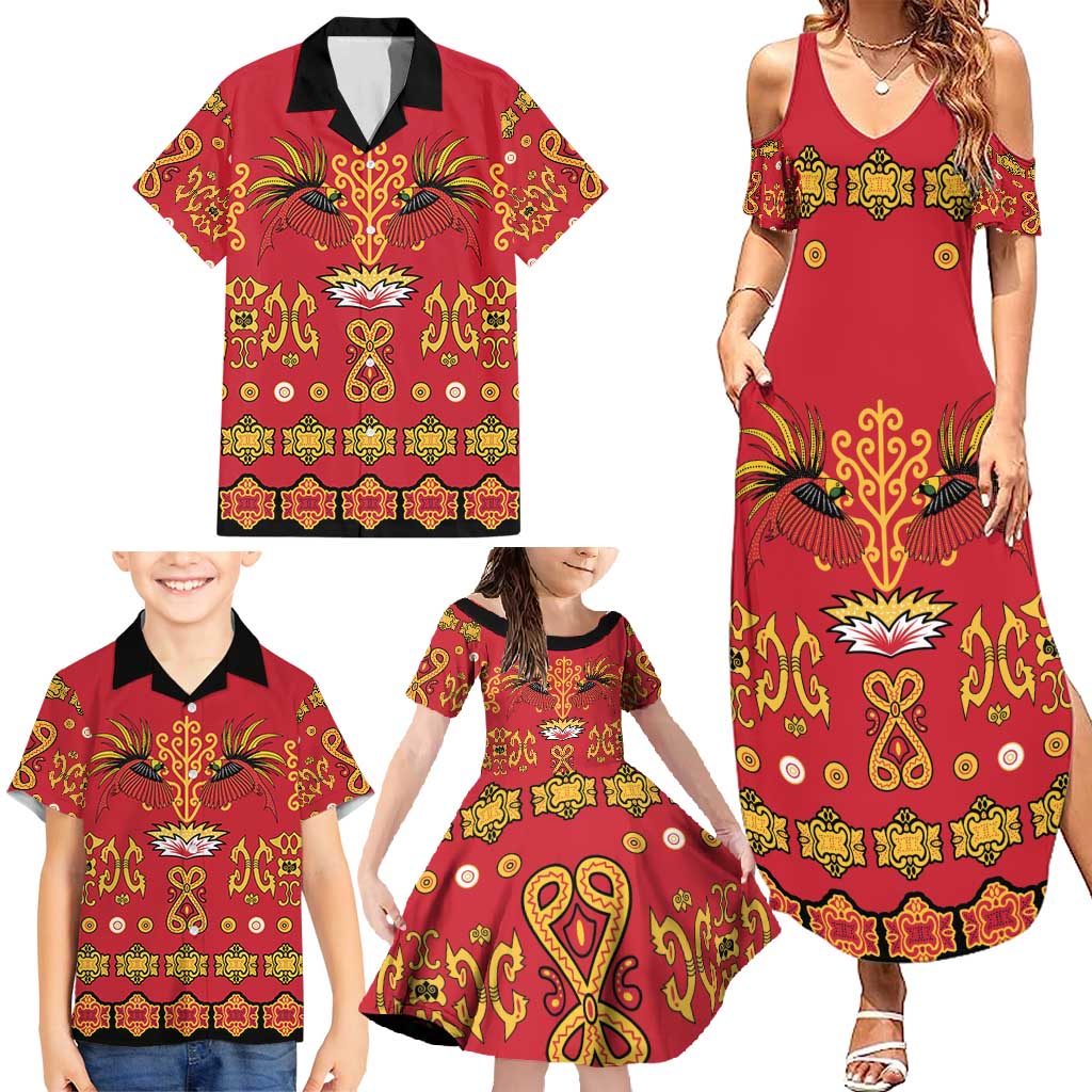 Papua Batik Motif Family Matching Summer Maxi Dress and Hawaiian Shirt Papua Spirit Red Version LT05 - Polynesian Pride
