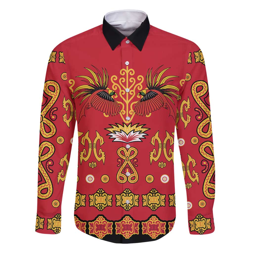 Papua Batik Motif Family Matching Summer Maxi Dress and Hawaiian Shirt Papua Spirit Red Version LT05 Dad's Shirt - Long Sleeve Red - Polynesian Pride