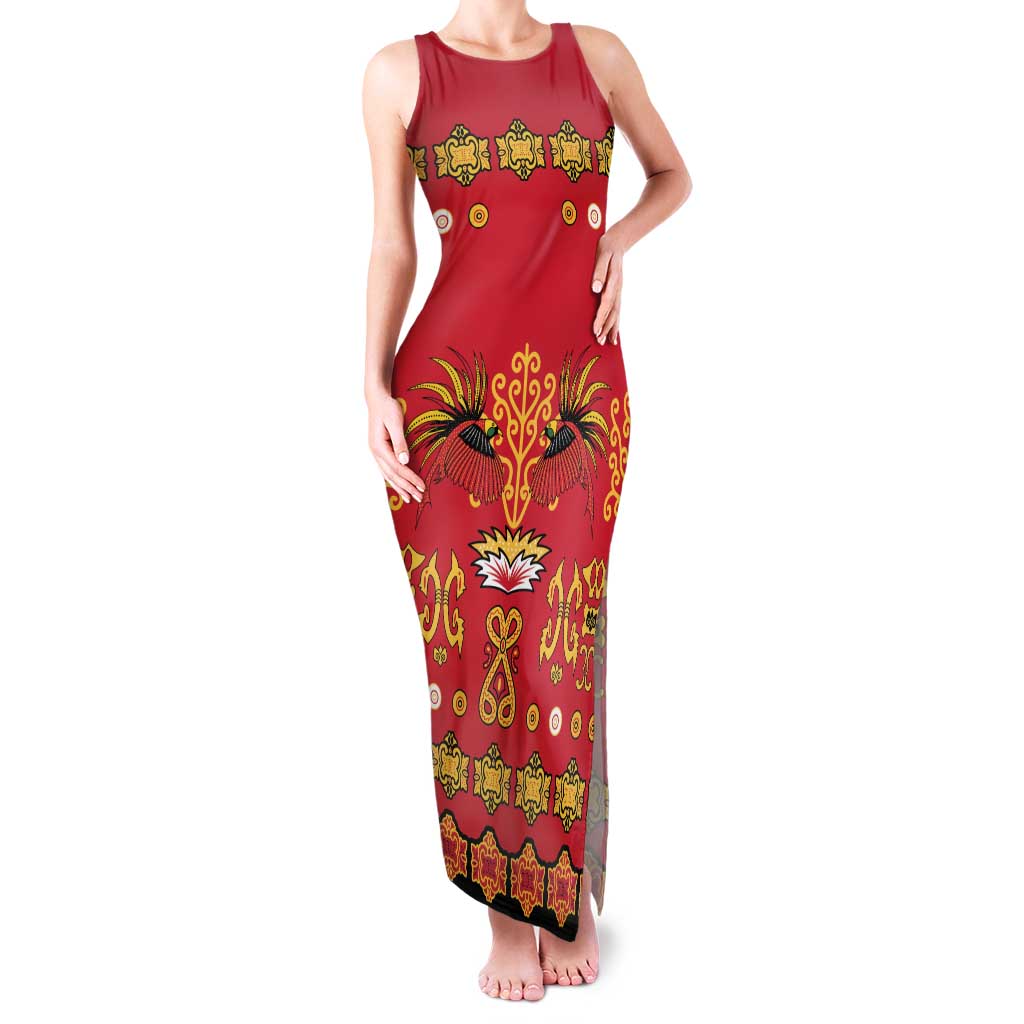 Papua Batik Motif Family Matching Tank Maxi Dress and Hawaiian Shirt Papua Spirit Red Version LT05 Mom's Dress Red - Polynesian Pride
