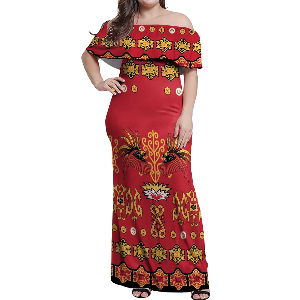 Papua Batik Motif Off Shoulder Maxi Dress Papua Spirit Red Version - Polynesian Pride