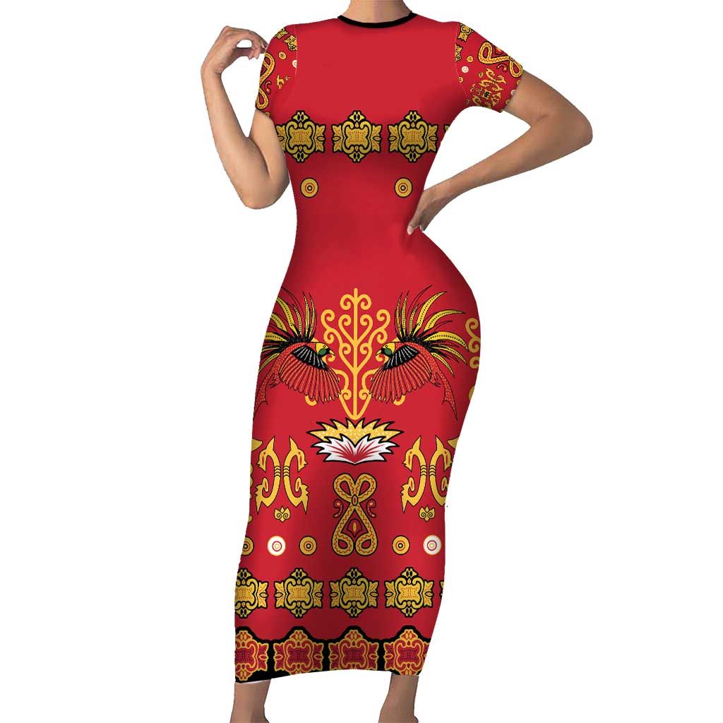 Papua Batik Motif Short Sleeve Bodycon Dress Papua Spirit Red Version - Polynesian Pride