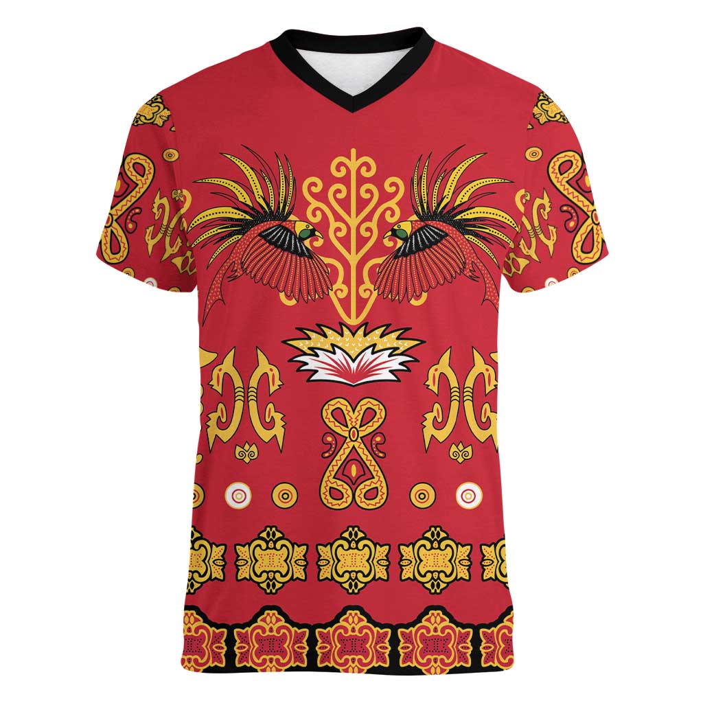 Papua Batik Motif Women V-Neck T-Shirt Papua Spirit Red Version - Polynesian Pride