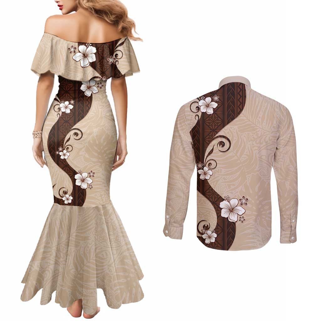 Polynesia Hibiscus Couples Matching Mermaid Dress and Long Sleeve Button Shirt Cameo Curve Motif - Polynesian Pride
