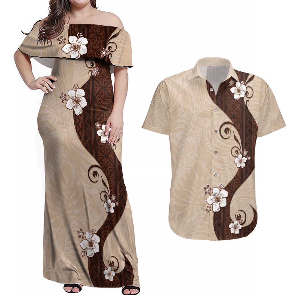 Polynesia Hibiscus Couples Matching Off Shoulder Maxi Dress and Hawaiian Shirt Cameo Curve Motif LT05 Beige - Polynesian Pride