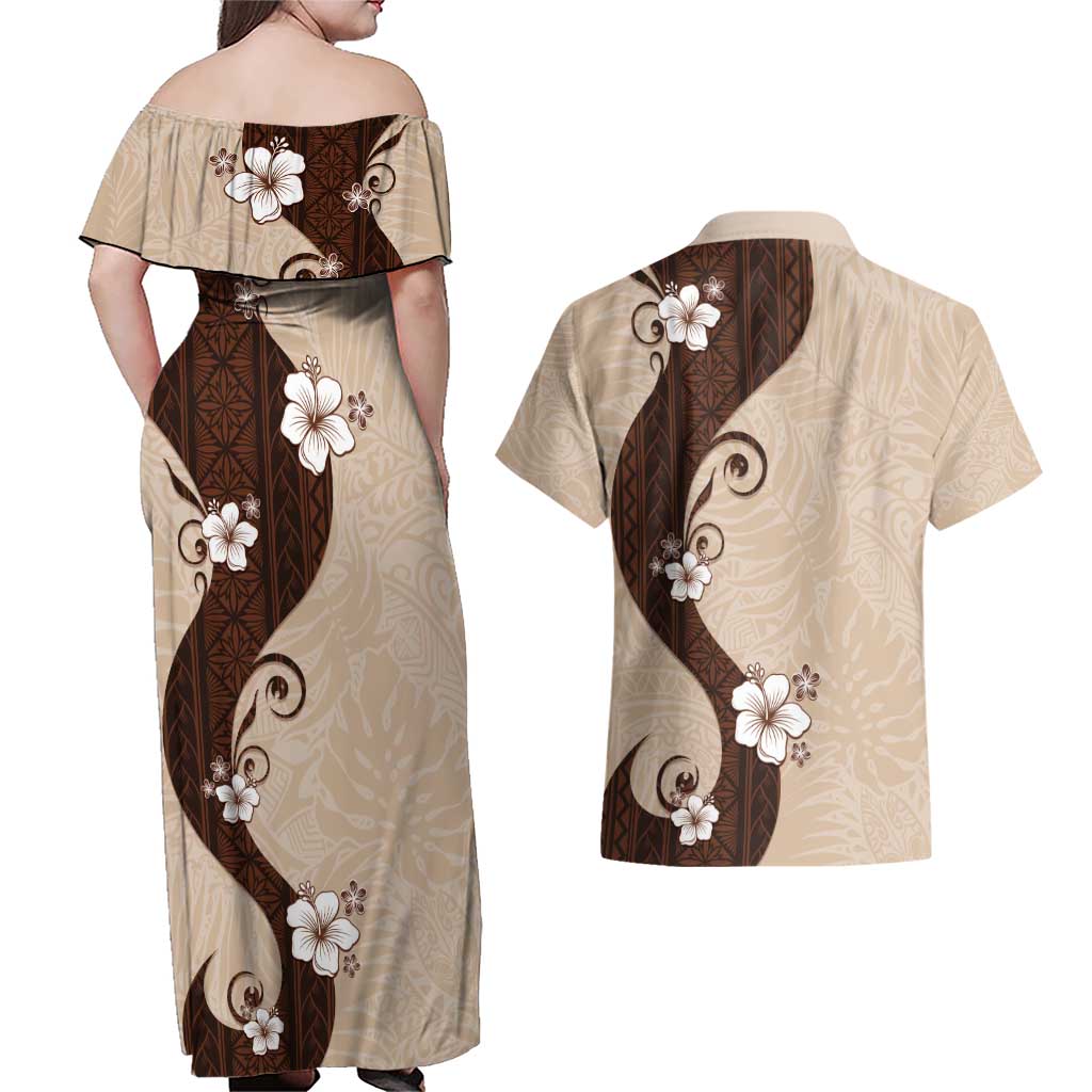 Polynesia Hibiscus Couples Matching Off Shoulder Maxi Dress and Hawaiian Shirt Cameo Curve Motif LT05 - Polynesian Pride