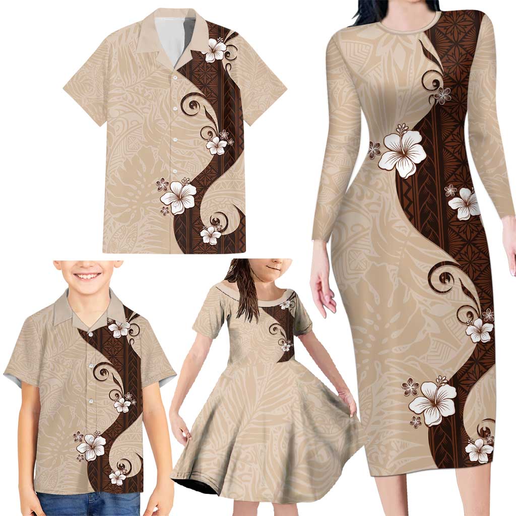 Polynesia Hibiscus Family Matching Long Sleeve Bodycon Dress and Hawaiian Shirt Cameo Curve Motif LT05 - Polynesian Pride