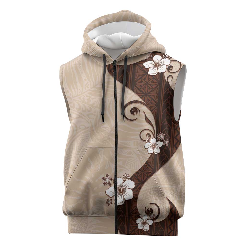 Polynesia Hibiscus Sleeveless Zip Hoodie Cameo Curve Motif LT05 Beige - Polynesian Pride