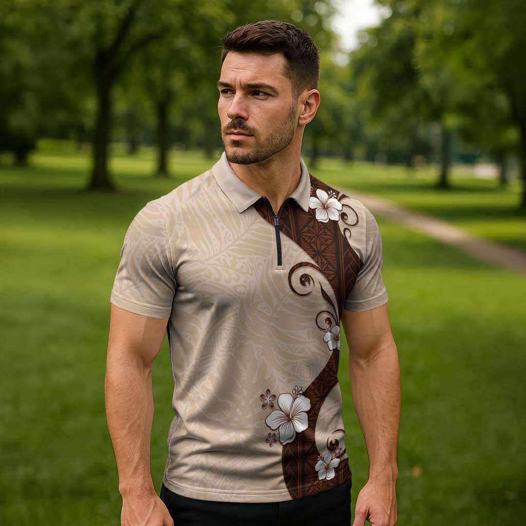 Polynesia Hibiscus Zipper Polo Shirt Cameo Curve Motif - Polynesian Pride