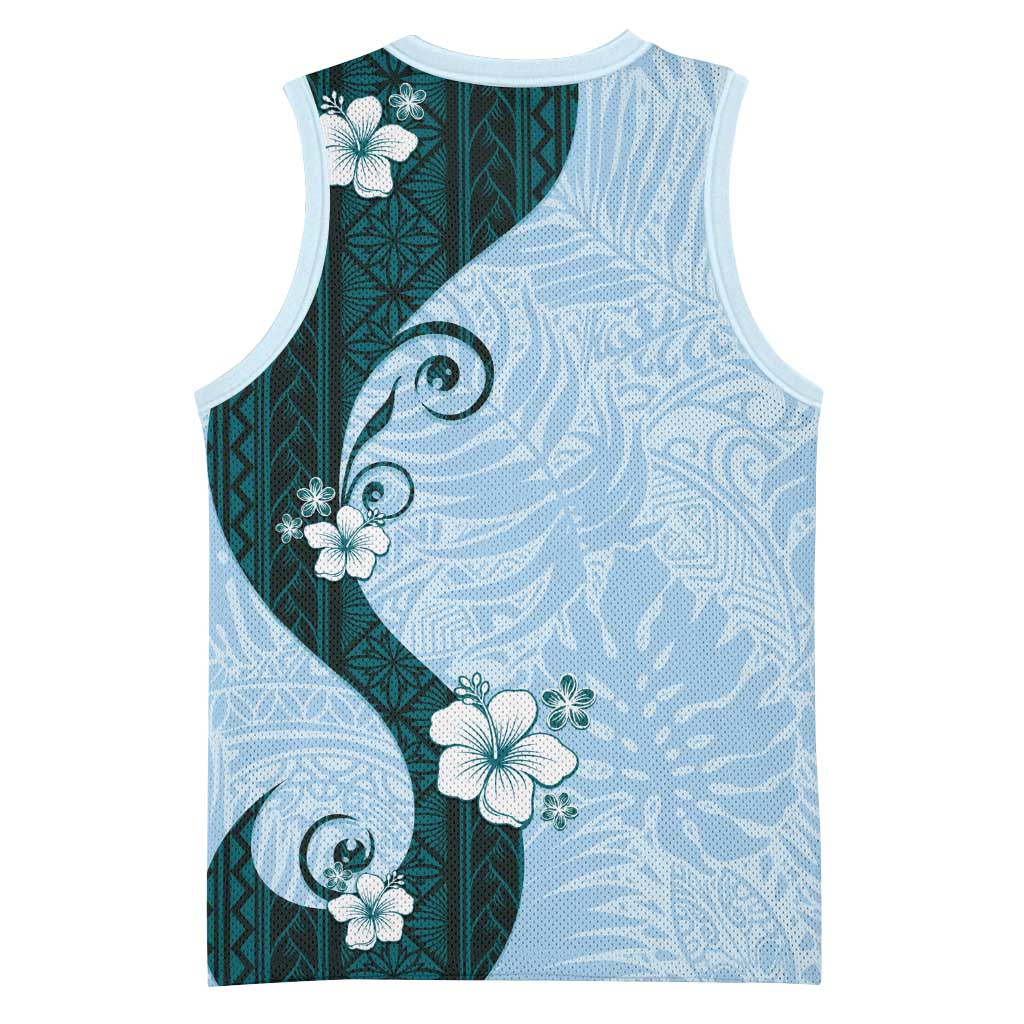 Polynesia Hibiscus Basketball Jersey Sky Blue Curve Motif - Polynesian Pride