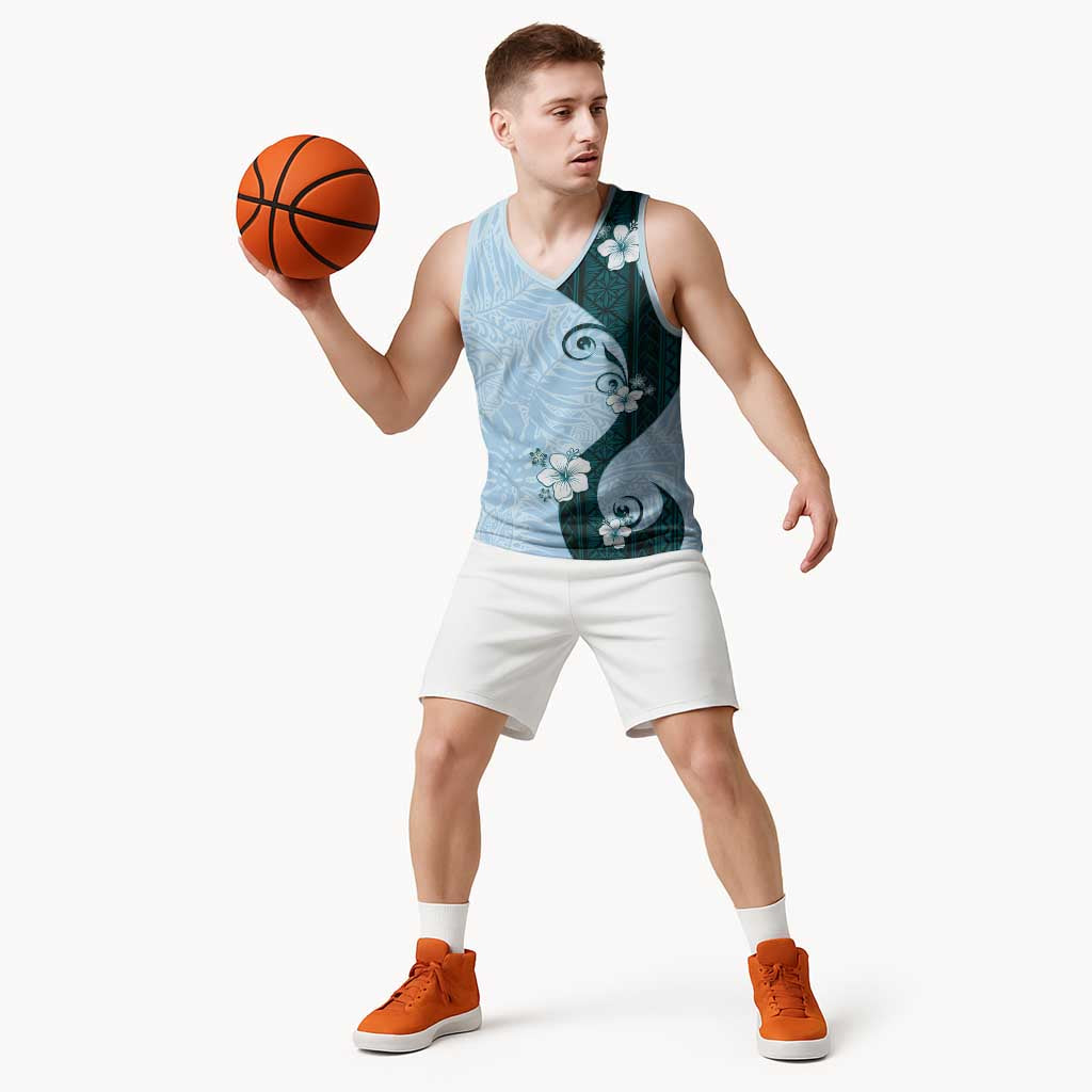 Polynesia Hibiscus Basketball Jersey Sky Blue Curve Motif - Polynesian Pride
