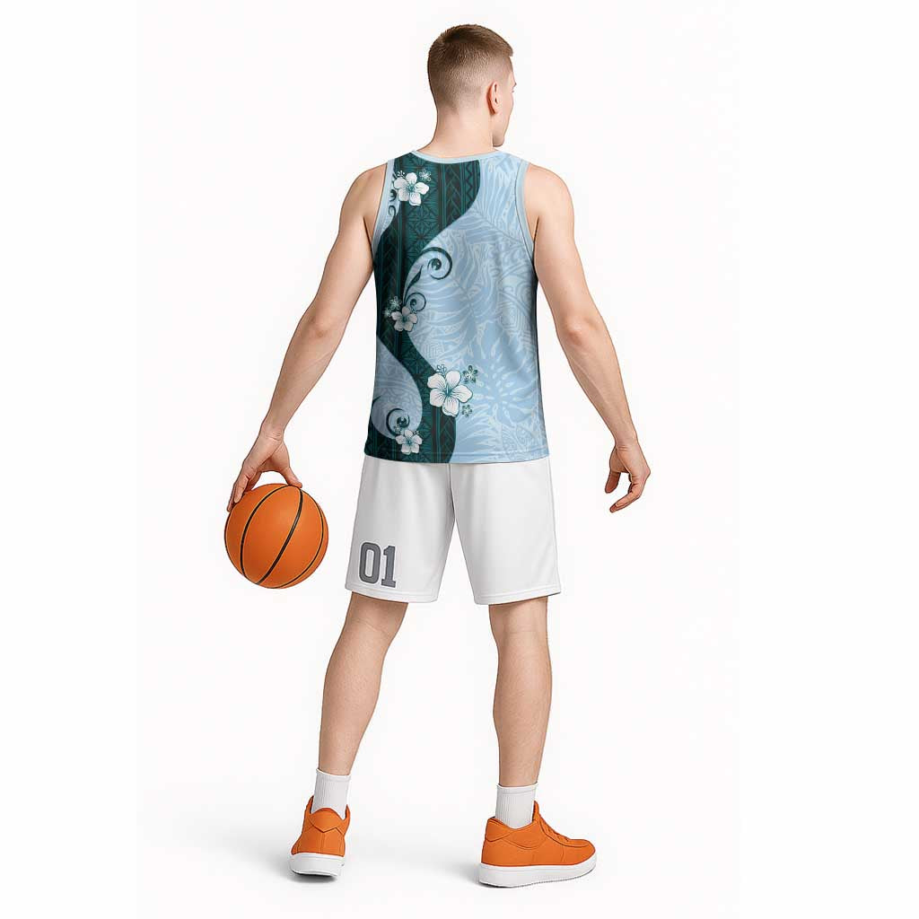 Polynesia Hibiscus Basketball Jersey Sky Blue Curve Motif - Polynesian Pride