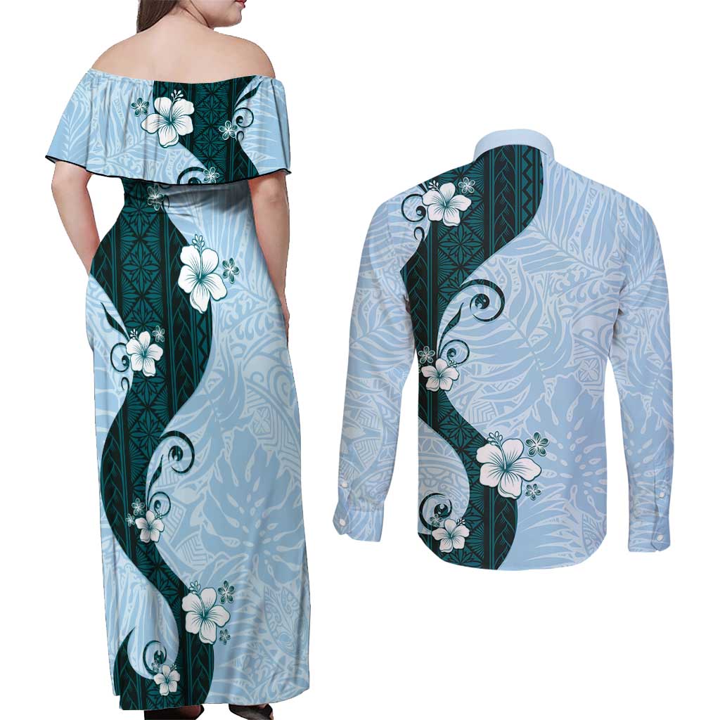 Polynesia Hibiscus Couples Matching Off Shoulder Maxi Dress and Long Sleeve Button Shirt Sky Blue Curve Motif - Polynesian Pride