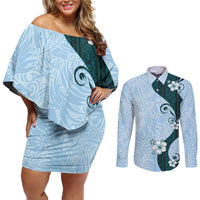 Polynesia Hibiscus Couples Matching Off Shoulder Short Dress and Long Sleeve Button Shirt Sky Blue Curve Motif - Polynesian Pride