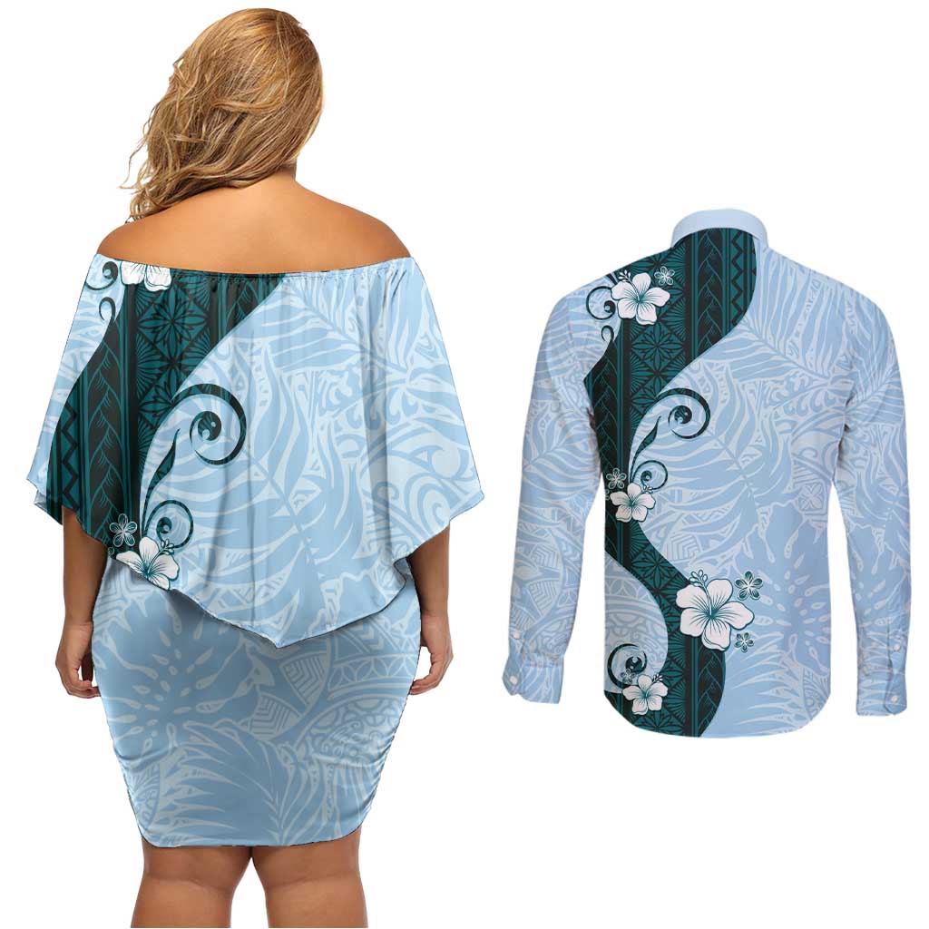 Polynesia Hibiscus Couples Matching Off Shoulder Short Dress and Long Sleeve Button Shirt Sky Blue Curve Motif - Polynesian Pride