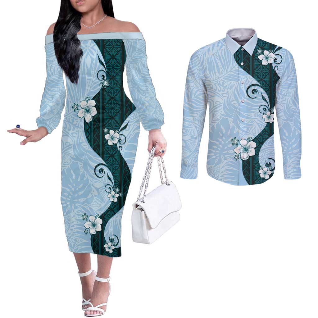 Polynesia Hibiscus Couples Matching Off The Shoulder Long Sleeve Dress and Long Sleeve Button Shirt Sky Blue Curve Motif - Polynesian Pride