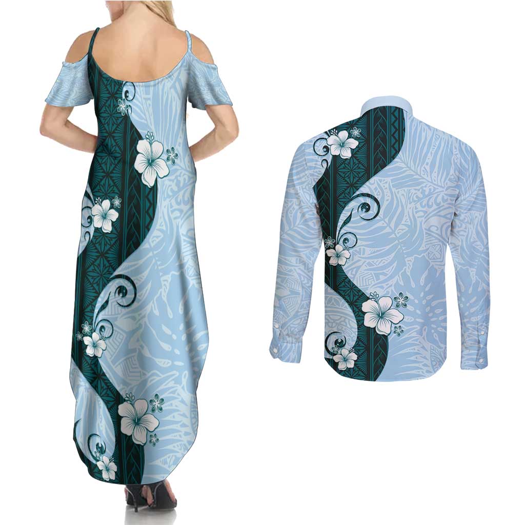 Polynesia Hibiscus Couples Matching Summer Maxi Dress and Long Sleeve Button Shirt Sky Blue Curve Motif - Polynesian Pride
