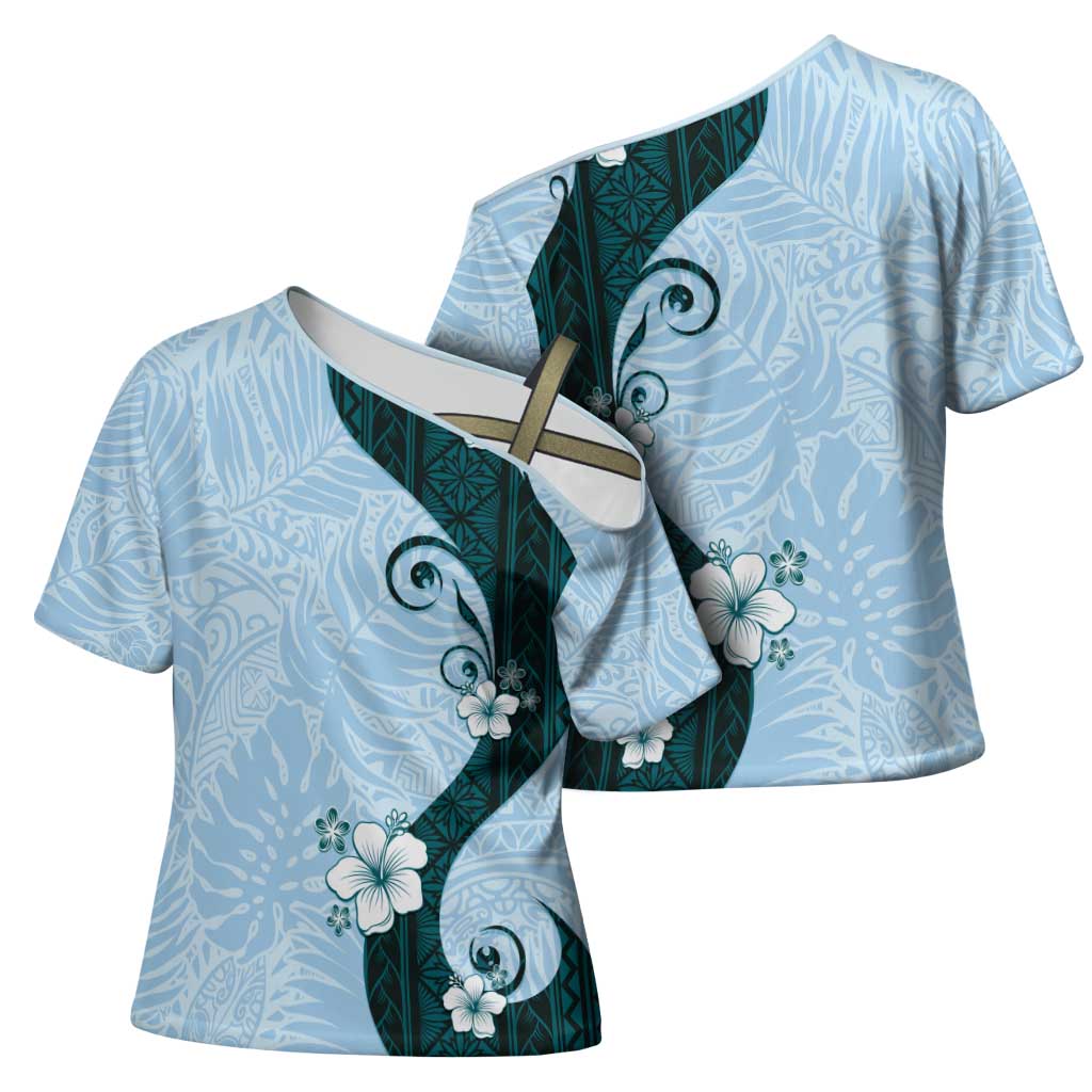 Polynesia Hibiscus Cross Shoulder Shirt Sky Blue Curve Motif - Polynesian Pride
