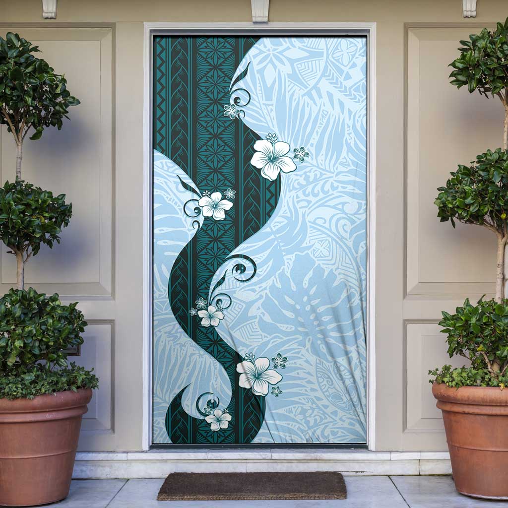 Polynesia Hibiscus Door Cover Sky Blue Curve Motif LT05 Blue - Polynesian Pride