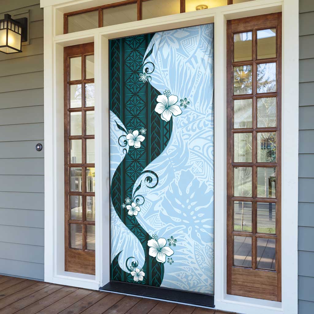 Polynesia Hibiscus Door Cover Sky Blue Curve Motif - Polynesian Pride