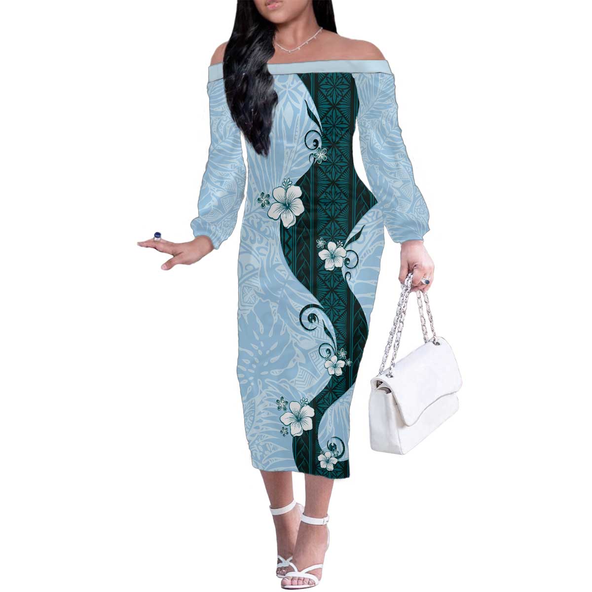 Polynesia Hibiscus Family Matching Off The Shoulder Long Sleeve Dress and Hawaiian Shirt Sky Blue Curve Motif - Polynesian Pride