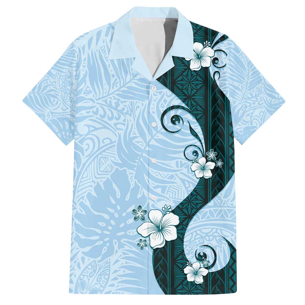 Polynesia Hibiscus Family Matching Puletasi and Hawaiian Shirt Sky Blue Curve Motif - Polynesian Pride