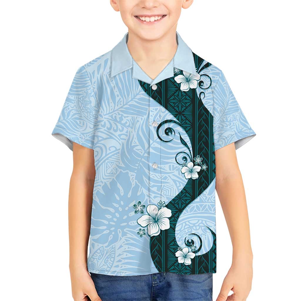 Polynesia Hibiscus Family Matching Puletasi and Hawaiian Shirt Sky Blue Curve Motif - Polynesian Pride