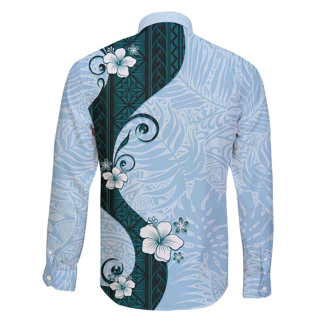 Polynesia Hibiscus Family Matching Summer Maxi Dress and Hawaiian Shirt Sky Blue Curve Motif - Polynesian Pride