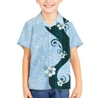 Polynesia Hibiscus Family Matching Summer Maxi Dress and Hawaiian Shirt Sky Blue Curve Motif - Polynesian Pride