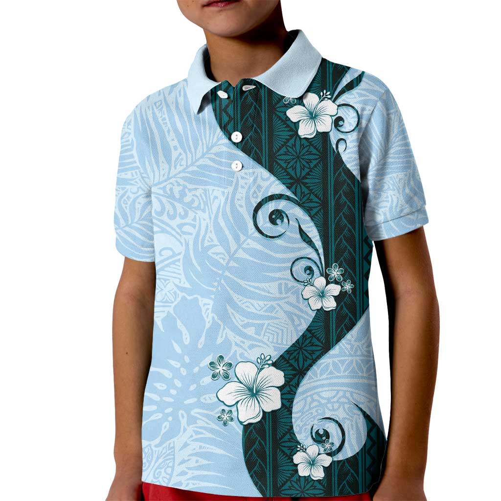 Polynesia Hibiscus Kid Polo Shirt Sky Blue Curve Motif LT05 Kid Blue - Polynesian Pride