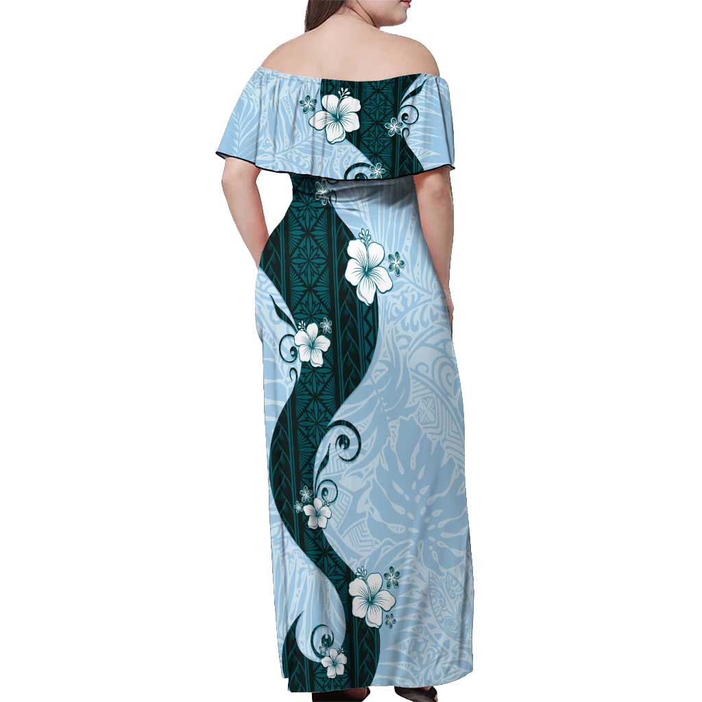Polynesia Hibiscus Off Shoulder Maxi Dress Sky Blue Curve Motif - Polynesian Pride
