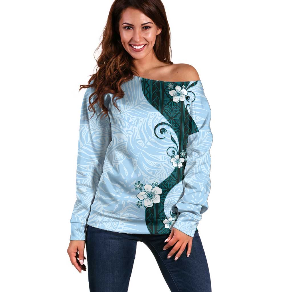 Polynesia Hibiscus Off Shoulder Sweater Sky Blue Curve Motif LT05 Women Blue - Polynesian Pride