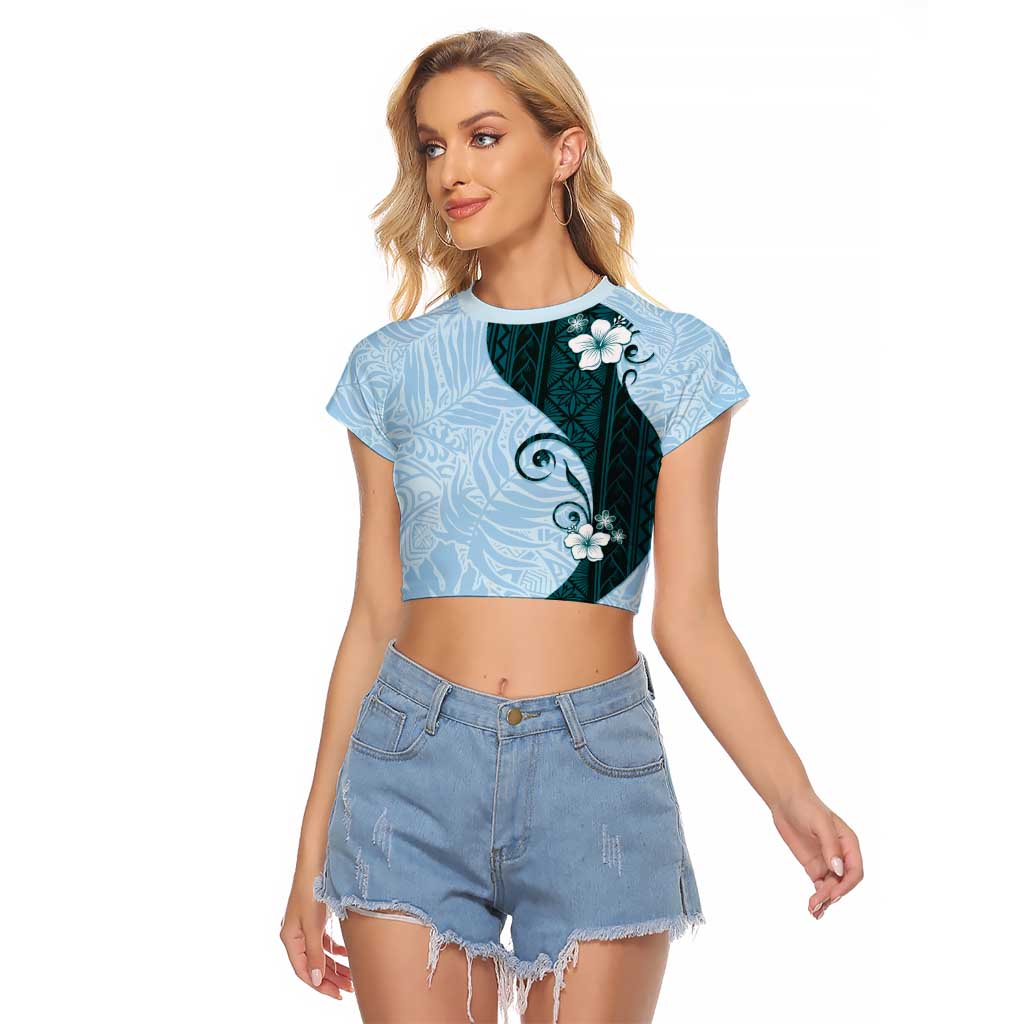 Polynesia Hibiscus Raglan Cropped T Shirt Sky Blue Curve Motif - Polynesian Pride