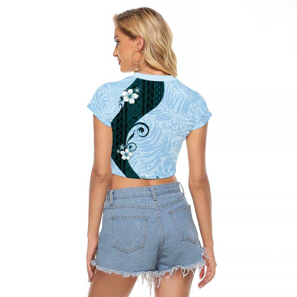 Polynesia Hibiscus Raglan Cropped T Shirt Sky Blue Curve Motif - Polynesian Pride