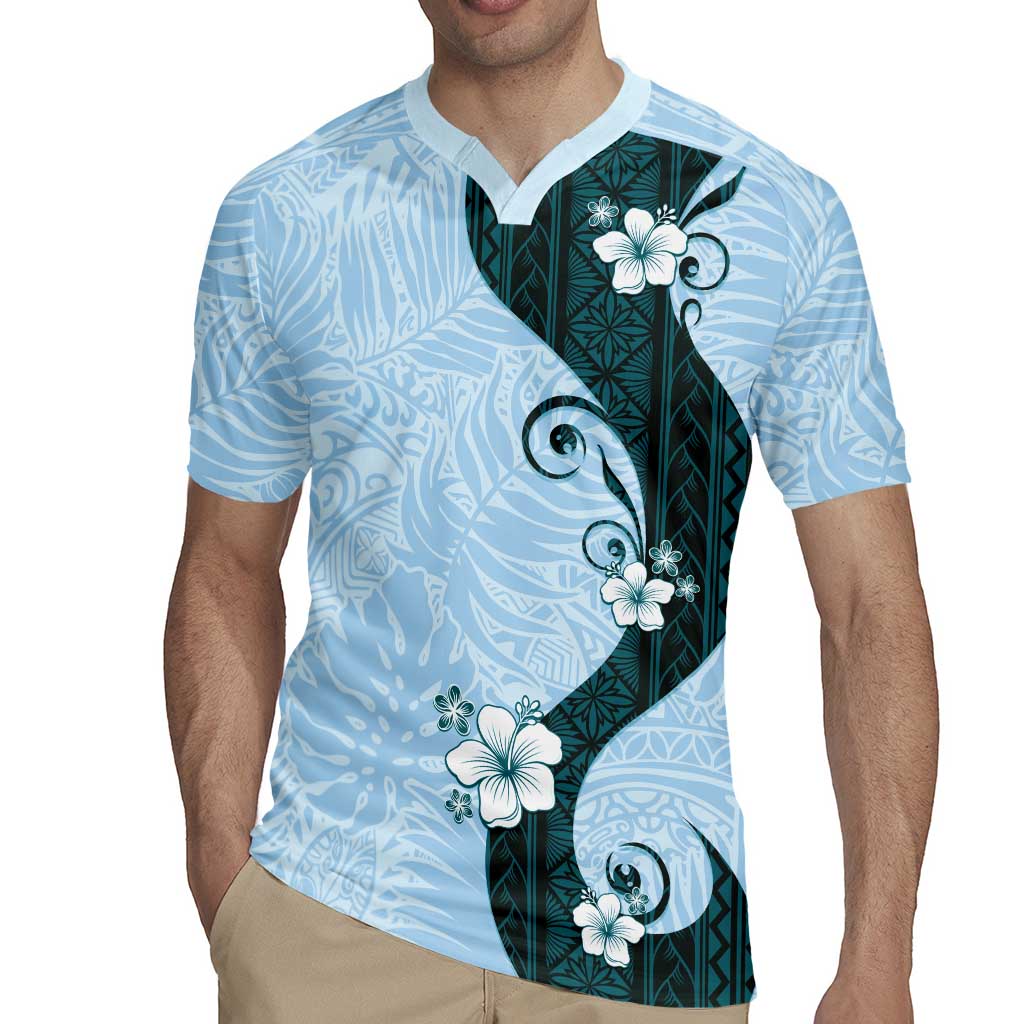 Polynesia Hibiscus Rugby Jersey Sky Blue Curve Motif - Polynesian Pride
