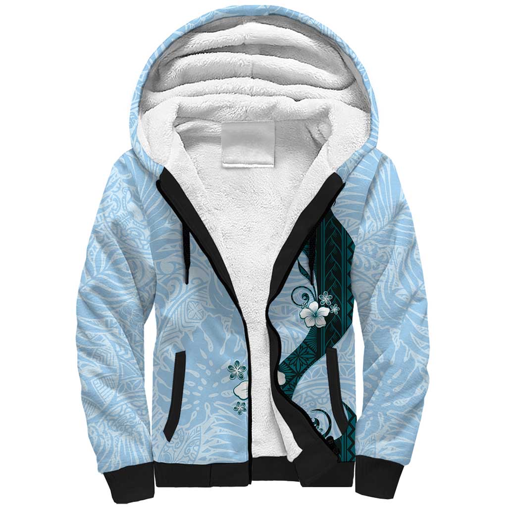 Polynesia Hibiscus Sherpa Hoodie Sky Blue Curve Motif - Polynesian Pride