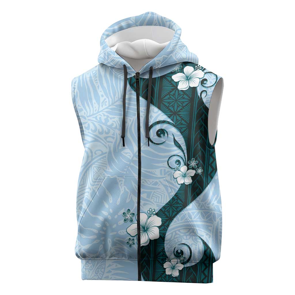 Polynesia Hibiscus Sleeveless Zip Hoodie Sky Blue Curve Motif LT05 Blue - Polynesian Pride