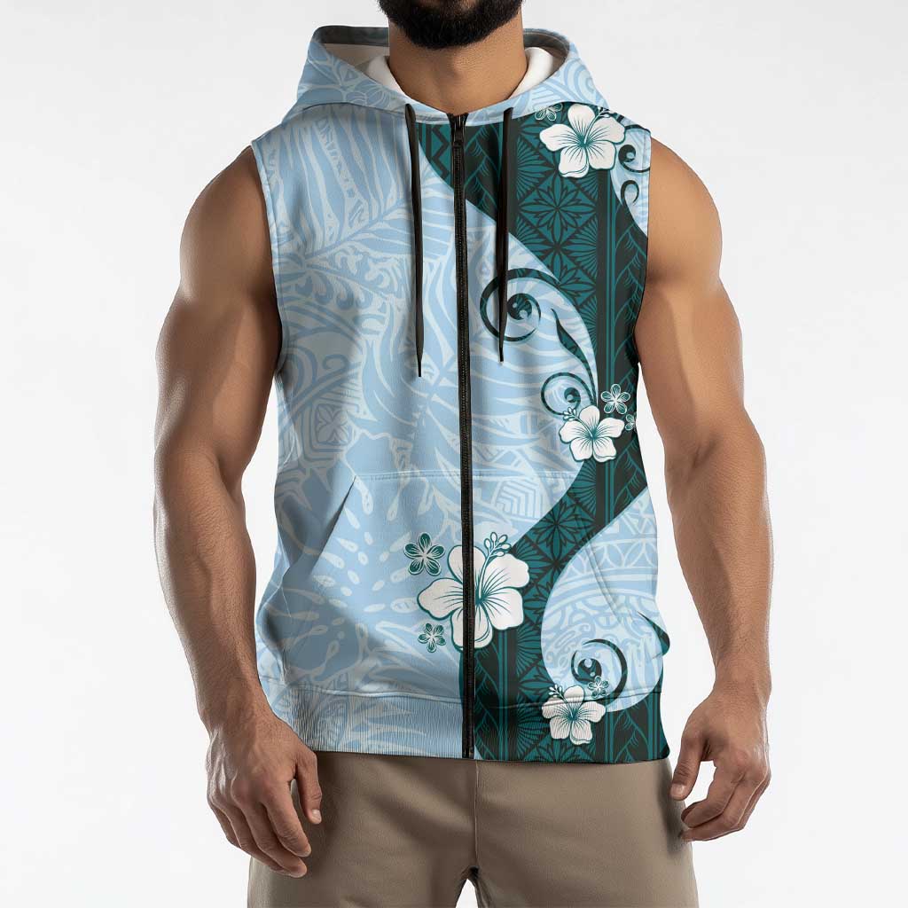 Polynesia Hibiscus Sleeveless Zip Hoodie Sky Blue Curve Motif - Polynesian Pride