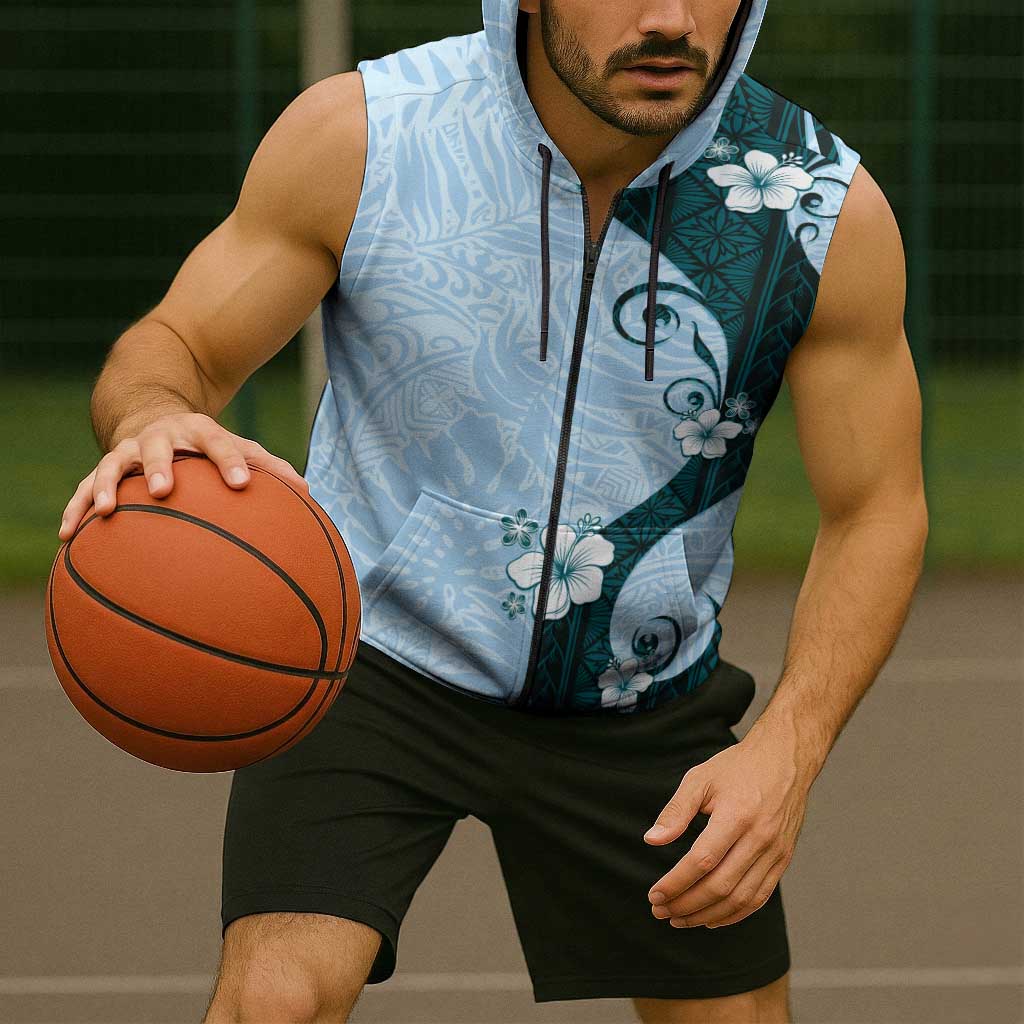Polynesia Hibiscus Sleeveless Zip Hoodie Sky Blue Curve Motif - Polynesian Pride