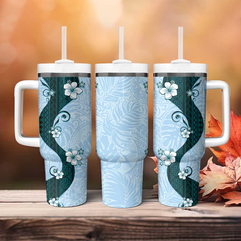 Polynesia Hibiscus Tumbler With Handle Sky Blue Curve Motif - Polynesian Pride