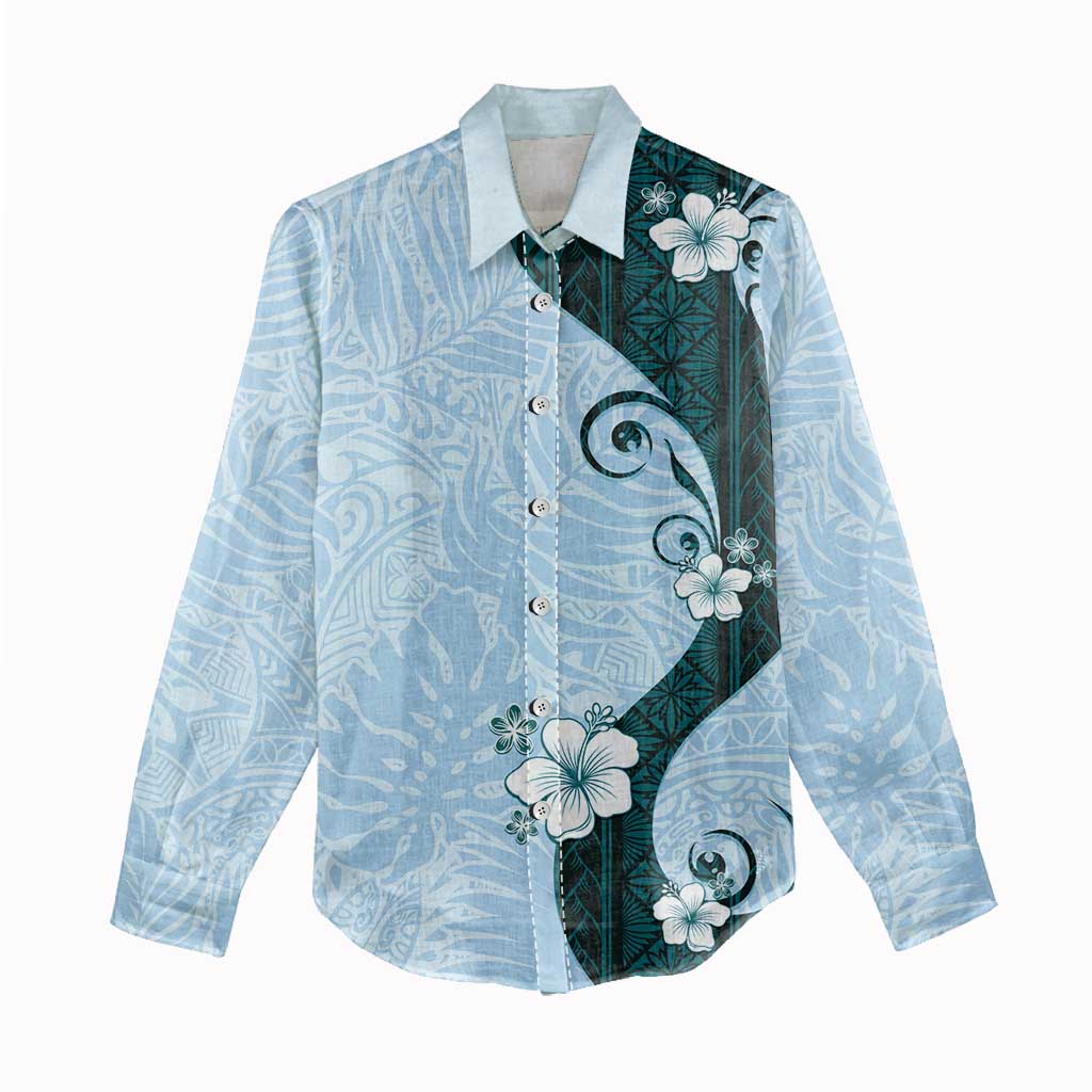 Polynesia Hibiscus Women Casual Shirt Sky Blue Curve Motif - Polynesian Pride