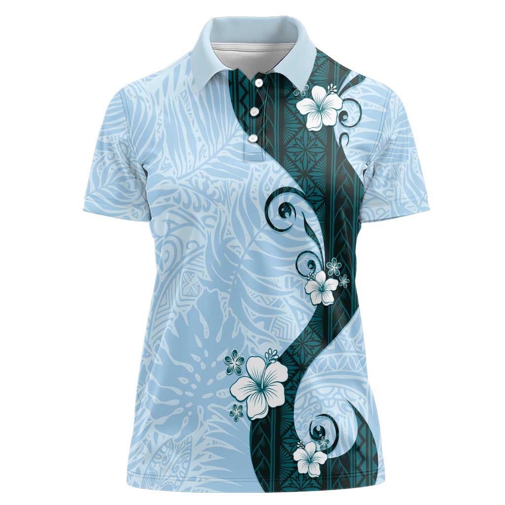 Polynesia Hibiscus Women Polo Shirt Sky Blue Curve Motif LT05 Female Blue - Polynesian Pride