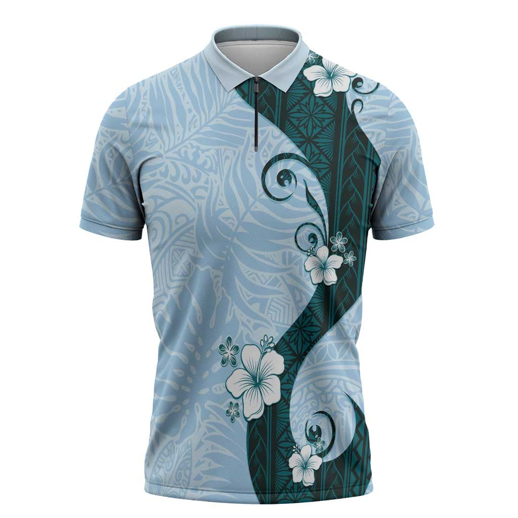 Polynesia Hibiscus Zipper Polo Shirt Sky Blue Curve Motif - Polynesian Pride
