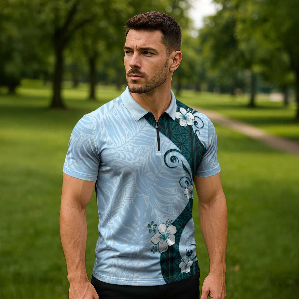 Polynesia Hibiscus Zipper Polo Shirt Sky Blue Curve Motif - Polynesian Pride
