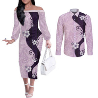 Polynesia Hibiscus Couples Matching Off The Shoulder Long Sleeve Dress and Long Sleeve Button Shirt Thistle Curve Motif - Polynesian Pride