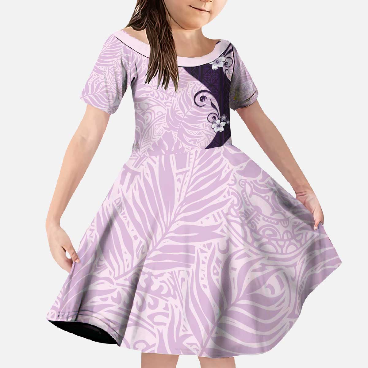 Polynesia Hibiscus Family Matching Off The Shoulder Long Sleeve Dress and Hawaiian Shirt Thistle Curve Motif - Polynesian Pride