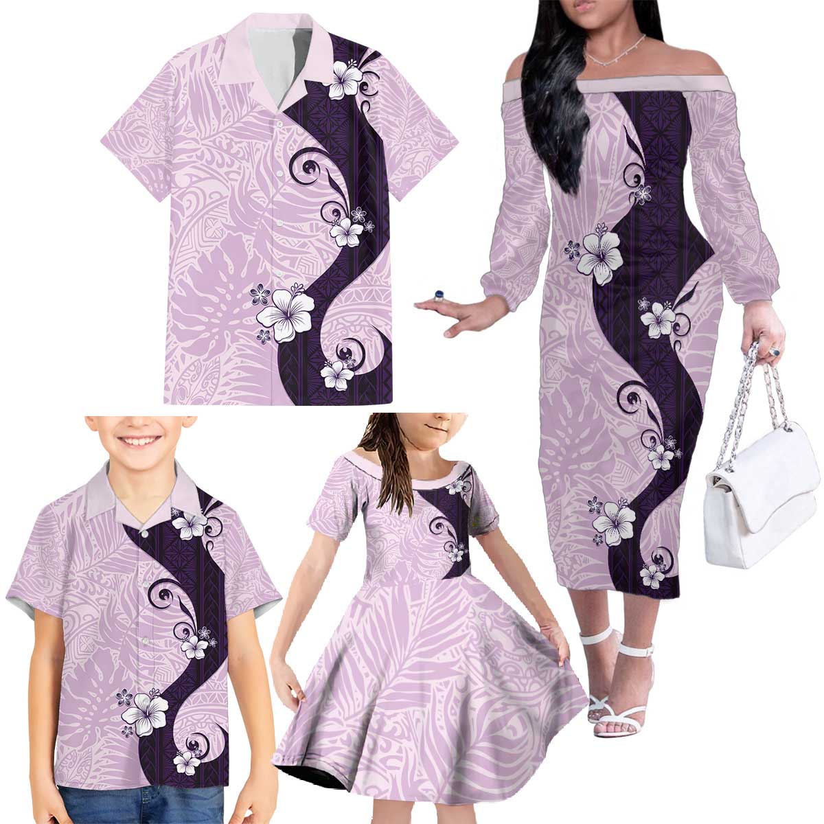 Polynesia Hibiscus Family Matching Off The Shoulder Long Sleeve Dress and Hawaiian Shirt Thistle Curve Motif LT05 - Polynesian Pride