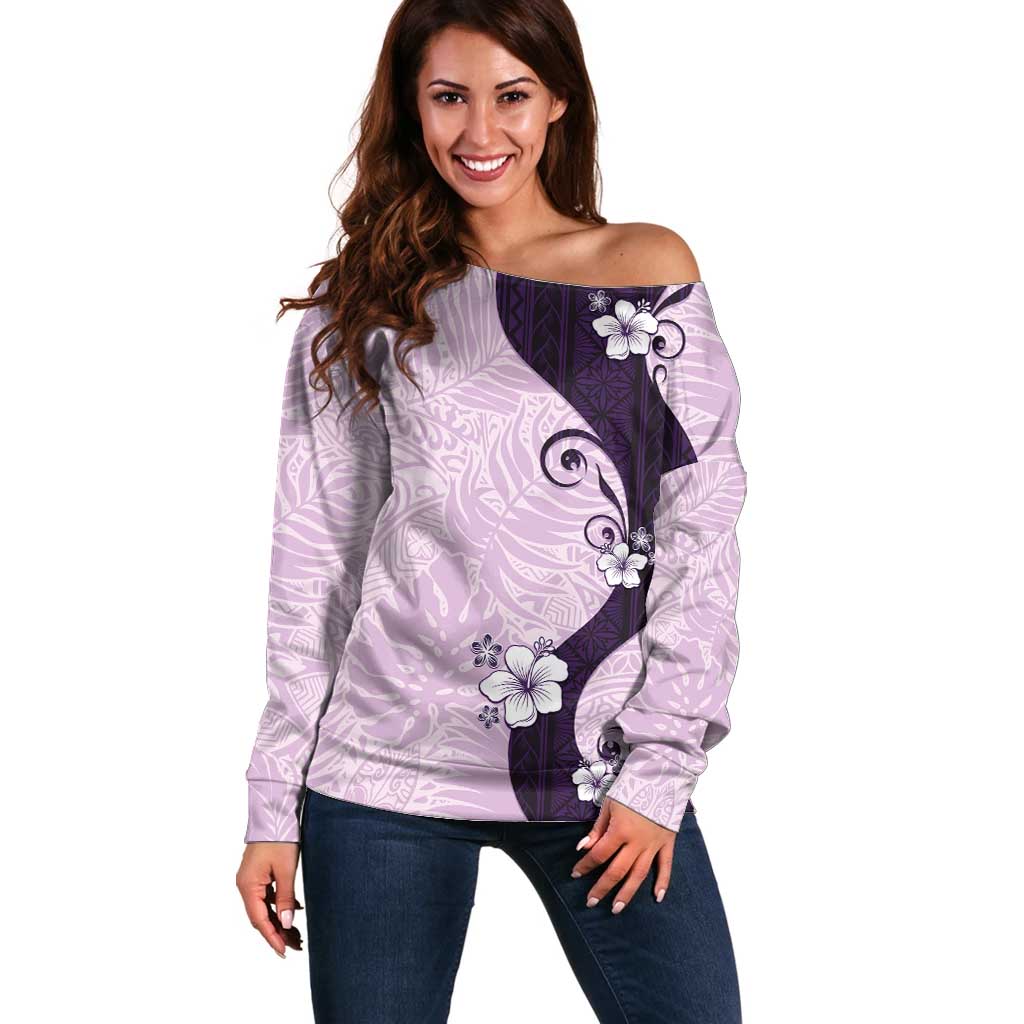 Polynesia Hibiscus Off Shoulder Sweater Thistle Curve Motif LT05 Women Purple - Polynesian Pride