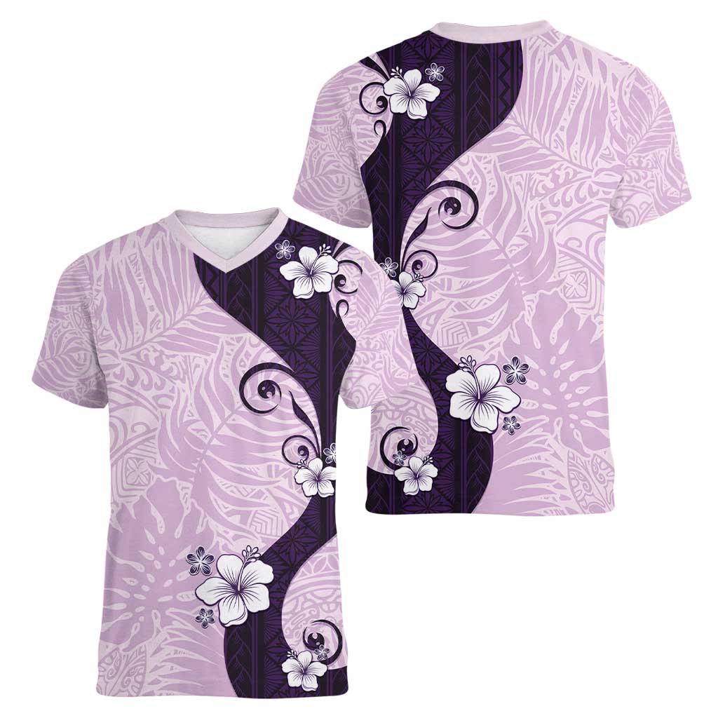 Polynesia Hibiscus Women V-Neck T-Shirt Thistle Curve Motif - Polynesian Pride