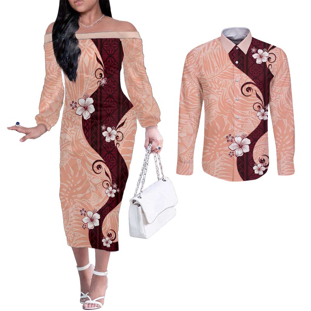 Polynesia Hibiscus Couples Matching Off The Shoulder Long Sleeve Dress and Long Sleeve Button Shirt Rose Bud Curve Motif LT05 Red - Polynesian Pride