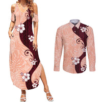 Polynesia Hibiscus Couples Matching Summer Maxi Dress and Long Sleeve Button Shirt Rose Bud Curve Motif - Polynesian Pride